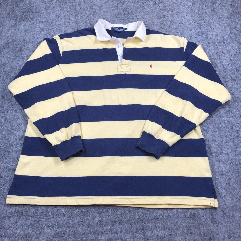 Polo Ralph Lauren Rugby Shirt Vintage Men XL Blue Yellow Stripe Pony Long Sleeve